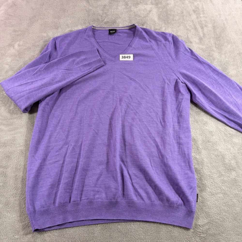 BOSS Hugo Boss V-neck Sweater Mens XXL Purple 100% Virgin Wool Slim Fit Baku-y